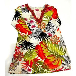 Joyous and Free SZ.M Tropical long line shirt with v neck and beading
